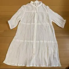 【美品】140 ノーカラーシャツ シアー ブラウス シャツワンピ 白