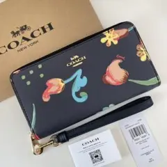 COACH コーチ ストラップ付き 長財布 ネイビー フラワー 花柄
