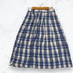日本製 フレアスカート 青系 チェック柄 レトロ バックファスナー 春夏秋