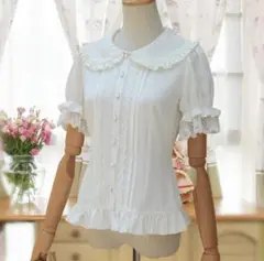 ◯薔薇刺繍丸襟ブラウス　半袖　ホワイトS　華ロリ　新品　ロリータ