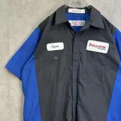 レッドキャップ　バイカラー　開襟シャツ　ワークシャツ　古着　グレー青　M