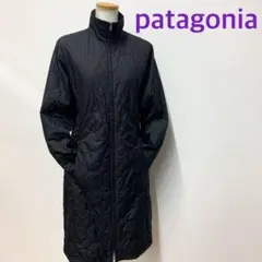 パタゴニアロングキルティングジャケット黒レディースMサイズ相当 裏地花柄 薄手