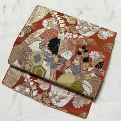 【美品】【袋帯】オレンジ 金糸 銀糸 桔梗 菊 亀甲 豪華【正絹】