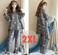 2XL ﻿ルームウェア 猫グレー 上下 韓国 可愛い パジャマ 長袖 冷房対策