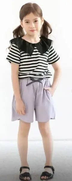 ストライプフリル襟Tシャツとショートパンツセット