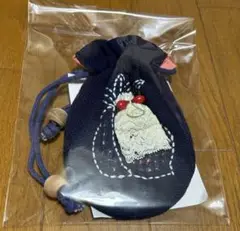ハンドメイド刺繍巾着袋 ネイビー