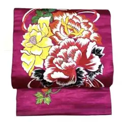 綸子 花模様刺繍 名古屋帯 正絹
