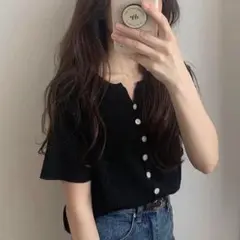 ラウアー✨　黒 リブ編み 半袖Tシャツ ボタン付き　カーディガン　シンプル