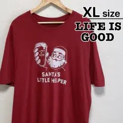 LIFE IS GOOD　Tシャツ　XL　ボルドー　赤　プリント　サンタクロース