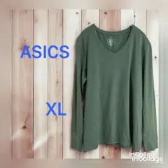 ASICS アシックス 長袖 カットソー Vネック グリーン XL 海外古着