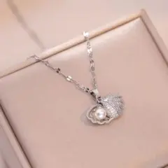 【新品未使用】貝殻モチーフ パール シェル ネックレス ジルコニア シルバー