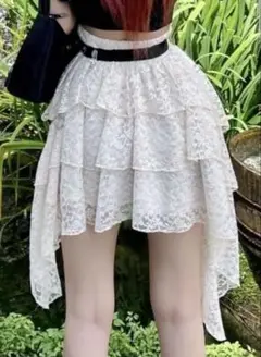 クリーム色 フレアスカート アシンメトリー レース
