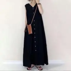 M 夏　ロングワンピース　マキシ丈　Aライン　Vネック　黒色 a2