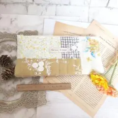 【一点もの】花咲くパッチワーク×レースのペンケース イエローミックス