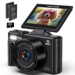 デジカメ コンパクト 5K録画 7500万画素 Wi-Fi機能 180度回転可能