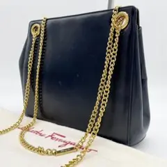 【美品】フェラガモ 2way 金チェーン オールレザー がま口 ショルダー