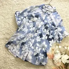 JONES NEW YORK アロハシャツ　花柄ブラウス　半袖　青　透け感　XL