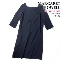 美品★マーガレットハウエル ひざ丈 ウールワンピース 七分袖 黒 ブラック M