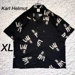 『希少サイズ』　カールヘルム　アロハ　犬　オープンカラー　開襟　総柄　黒　XL
