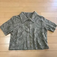 GU カーキ レース編み 半袖シャツ S