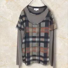 美品【シルベラ】レイヤードカットソー　チェック　無地　伸縮性　秋冬トップス　L