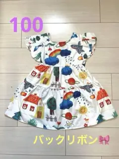 ⭐︎未使用品⭐︎らくがき風フリル袖ワンピース 100cm バックリボン、パフスリーブ