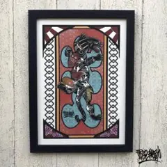 尾九 刺青画 鯉の和彫り黒豹 大入り袋 イラスト A4サイズ 黒色フレーム