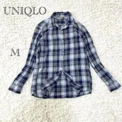 ユニクロ UNIQLO チェックシャツ 【M】 メンズ 綿麻混 ブルー 春夏