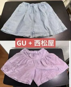 GU デニムプリーツミニスカート 120 コットン100% +西松屋パンツ
