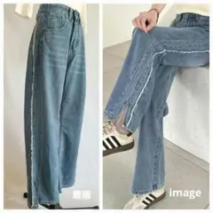 SHEIN サイドフリンジ スリットヘム ワイドレッグ デニムパンツ S