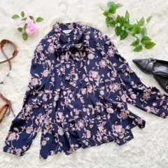 花柄ブラウス 2XL ネイビー ボウタイ 古着女子 vintage オフィス