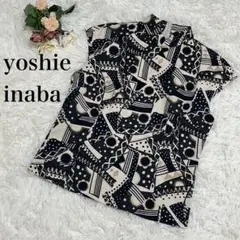 【yoshie inaba】ノースリーブブラウス　前開き　黒　ブラック　総柄