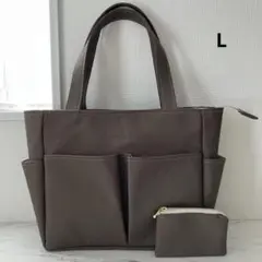 帆布 モカ ポケットいっぱいトートバッグL＆ミニポーチ