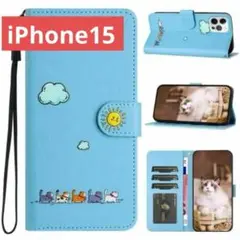 手帳型スマホケース　iPhone15　iPhoneケース（ネコのお散歩/ブルー