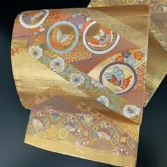 【春】10838b 袋帯 刺繍 金糸 花亀甲・蝶・唐花文様 紗綾柄