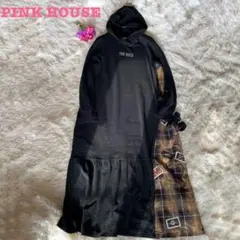 PINK HOUSE ピンクハウス 切替チェック フード付ロングワンピース 黒