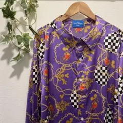 【美品】ディズニー ミッキーマウス 総柄 長袖シャツ シルク風 スカーフ柄