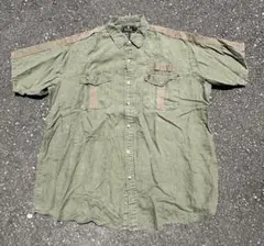 90s 100％リネンシャツ 半袖 ビッグサイズ ミリタリー Army グランジ