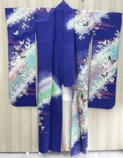 振袖 蝶 桜 金彩 銀彩 ラメ 青 身丈158cm