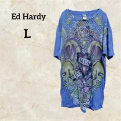 Ed Hardy グラフィックTシャツ青 ドクロ スパンコール 【L】