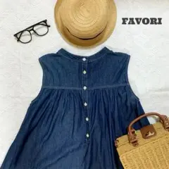 美品 FAVORI デニム ノースリーブ ブラウス ネイビー 前ボタン ギャザー