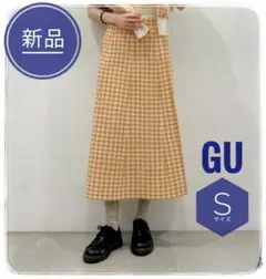【新品】GU Sサイズ スカート オレンジ チェック ニット タグ付