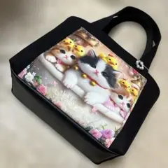帆布使いトートバッグパネル=バスタブでにゃんこ達とアヒル達