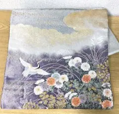 【ハンドメイド素材◎名古屋帯】菊と鶴 紫と銀 裁断済み