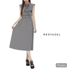 REDYAZEL ストライプ シアーラッフル ノースリーブワンピースグレー　S