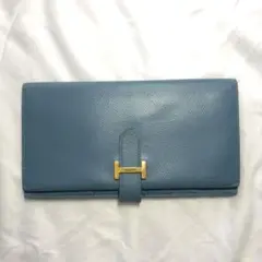エルメス HERMES べアン 二つ折り長財布 水色 ゴールド