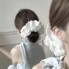 新品　ホワイト　フリル　レース　ボリューム　シュシュ　ヘアアクセ　即発送　最安