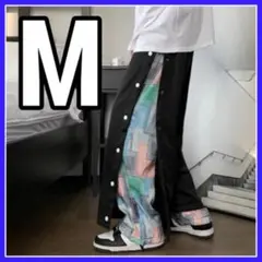 ワイドパンツ ボトムス ペイズリー サイドボタン ストレートパンツ 黒 M 男女