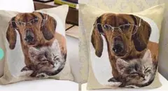 お得「2枚セット」仲良し犬と猫　2枚セット　クッションカバー45X45ｃｍ