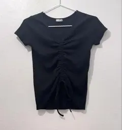 ブラック 半袖 トップス フロントギャザー